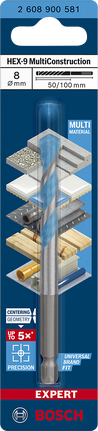EXPERT HEX-9 MultiConstruction Drill Bit 8 x 50 x 100 mm Bosch EXPERT HEX-9 MultiConstruction drill bit 8×50×100 mm.