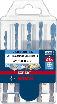 EXPERT HEX-9 MultiConstruction Drill Bit Set 4/5/6/6/8 mm 5-pc Bosch EXPERT HEX-9 MultiConstruction drill bit set 4/5/6/8 mm.
