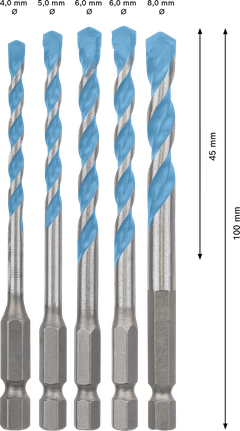 EXPERT HEX-9 MultiConstruction Drill Bit Set 4/5/6/6/8 mm 5-pc Bosch EXPERT HEX-9 MultiConstruction drill bit set 5-piece.
