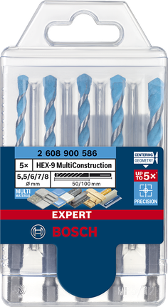 EXPERT HEX-9 MultiConstruction Drill Bit Set 5,5/6/6/7/8 mm 5-pc Bosch HEX-9 MultiConstruction drill bit set 5-pc.