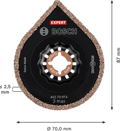 EXPERT 3 max AVZ 70 RT4 Multitool Grouting Plate 70 mm Bosch EXPERT 3 max AVZ 70 RT4 carbide grouting plate.