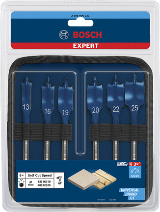 EXPERT Self Cut Speed Spade Drill Bit Set 13/16/19/20/22/25 mm 6-pc Bosch spade drill bit set 13–25 mm.