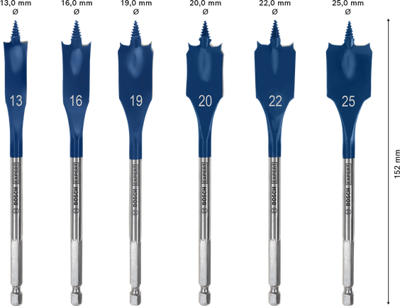 EXPERT Self Cut Speed Spade Drill Bit Set 13/16/19/20/22/25 mm 6-pc Bosch EXPERT Self Cut Speed Spade Drill Bit Set 6 sizes.