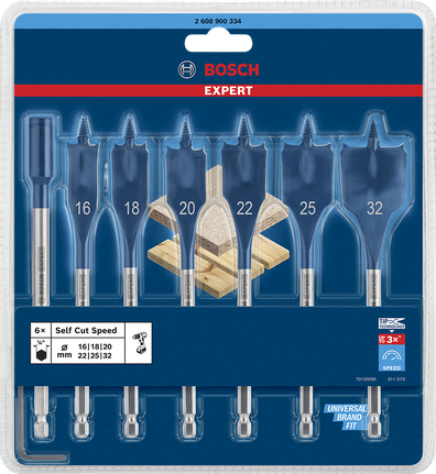 EXPERT Self Cut Speed Spade Drill Bit Set 16/18/20/22/25/32 mm 7-pc Bosch Expert Self Cut Speed spade drill bit set 16–32 mm.