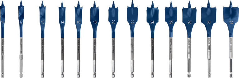 EXPERT Self Cut Speed Spade Drill Bit Set 10/12/13/14/16/18/20/22/24/25/28/30/32 mm 13-pc Bosch EXPERT Self Cut Speed Spade Drill Bit Set 13-piece.