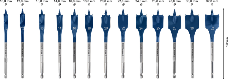 EXPERT Self Cut Speed Spade Drill Bit Set 10/12/13/14/16/18/20/22/24/25/28/30/32 mm 13-pc Bosch EXPERT Self Cut Speed spade drill bit set 13-piece.