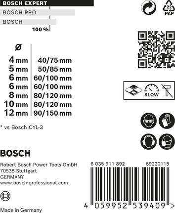 EXPERT MultiConstruction CYL-9 Drill Bit Set 4/5/6/6/8/10/12 mm 7-pc Bosch EXPERT MultiConstruction drill bit set 4–12 mm 7-piece.