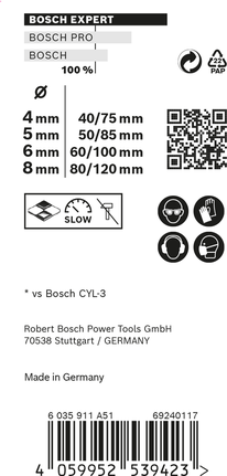 EXPERT MultiConstruction CYL-9 Drill Bit Set 4/5/6/8 mm 4-pc Bosch EXPERT MultiConstruction CYL-9 drill bit set 4/5/6/8 mm.
