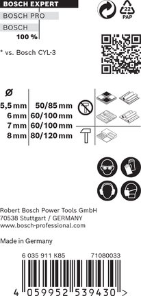 EXPERT MultiConstruction CYL-9 Drill Bit Set 5.5/6/7/8 mm 4-pc Bosch MultiConstruction CYL-9 drill bit set 5.5–8 mm.