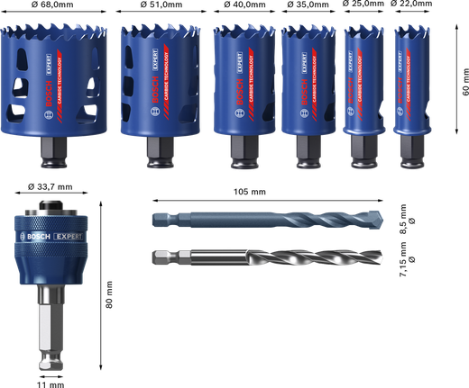 EXPERT Multi Material Hole Saw Set 22/25/35/40/51/68 mm 9-pc Bosch EXPERT Multi Material Hole Saw Set 9-pc assorted sizes.