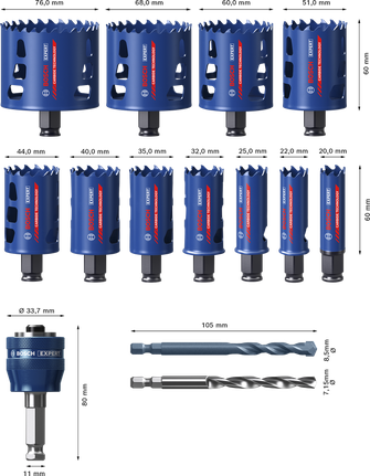 EXPERT Multi Material Hole Saw Set 20/22/25/32/35/40/44/51/60/68/76 mm 14-pc Bosch EXPERT Multi Material Hole Saw Set 14-piece.
