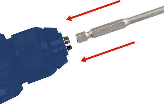 Drill bit being inserted into a chuck with red arrows indicating movement.