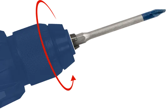 Drill chuck rotates to secure a screwdriver bit.