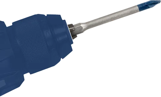 Cordless power drill fitted with a blue-tipped screwdriver bit.