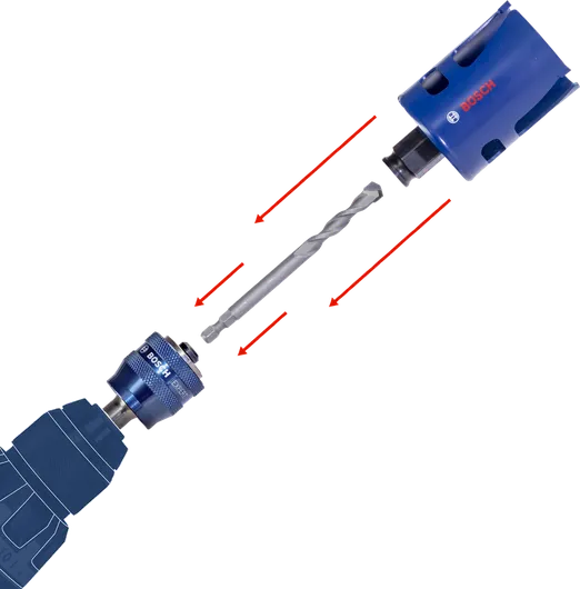 Power drill equipped with a hole saw attachment for precise hole cutting.