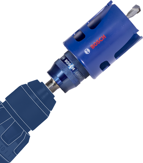 Power drill fitted with a blue hole saw drill bit.