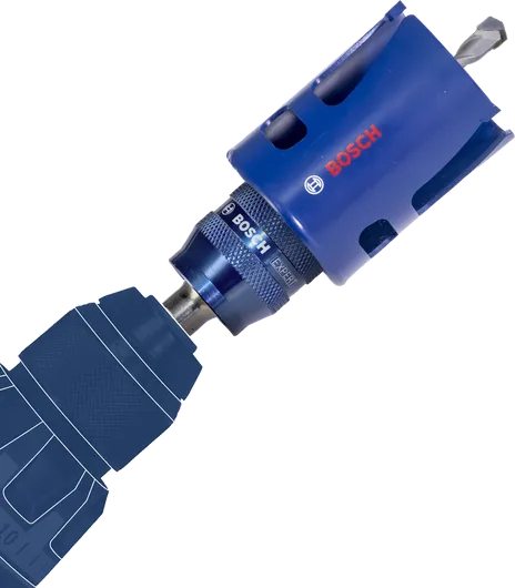 Power drill fitted with a blue hole saw drill bit.