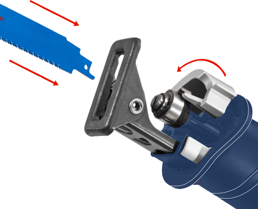 Reciprocating saw with detached blue blade positioned for installation.