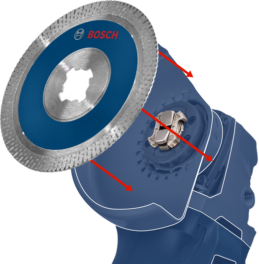 Diamond cutting disc with arrows indicating attachment points on a blue power tool.