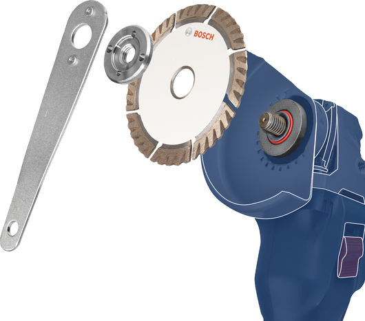Angle grinder with detached diamond blade and tool for blade assembly.