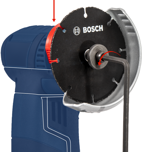Hex key tightening a circular saw blade onto a blue power tool.