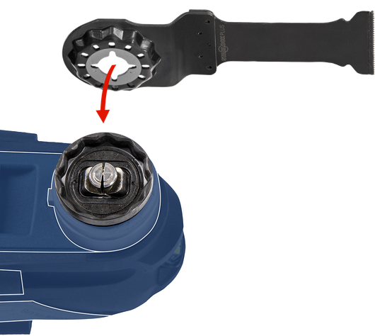 Oscillating tool head attachment being aligned for installation.