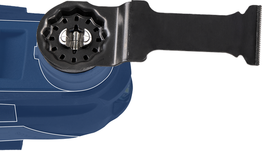 Oscillating multi-tool with an attached cutting blade.