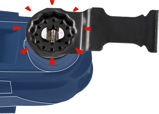 Oscillating tool head with multi-tool saw blade attachment and red arrows indicating blade fitting.