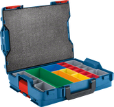 Bosch L-BOXX 102 carrying case with 13 color-coded compartments.