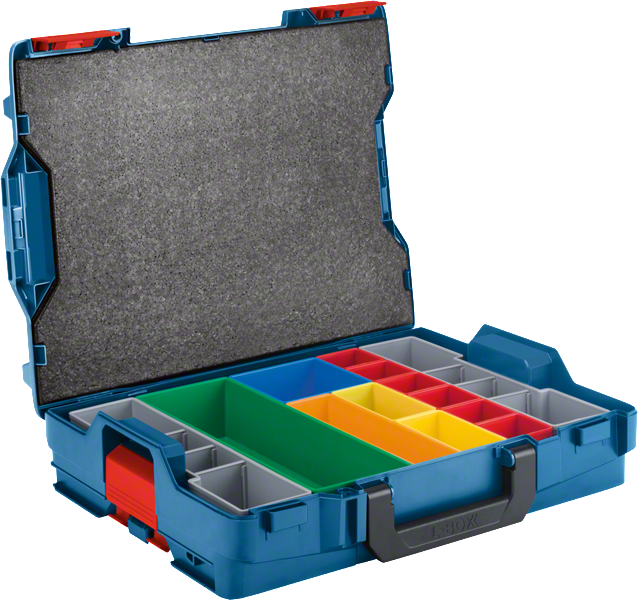 Bosch L-BOXX 102 carrying case with 13 color-coded compartments.