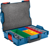 Bosch L-BOXX 102 carrying case with 13 color-coded compartments.