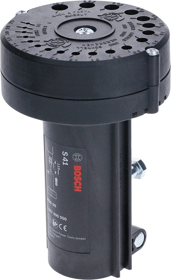 Bosch S41 drill bit sharpener with multiple size guides.