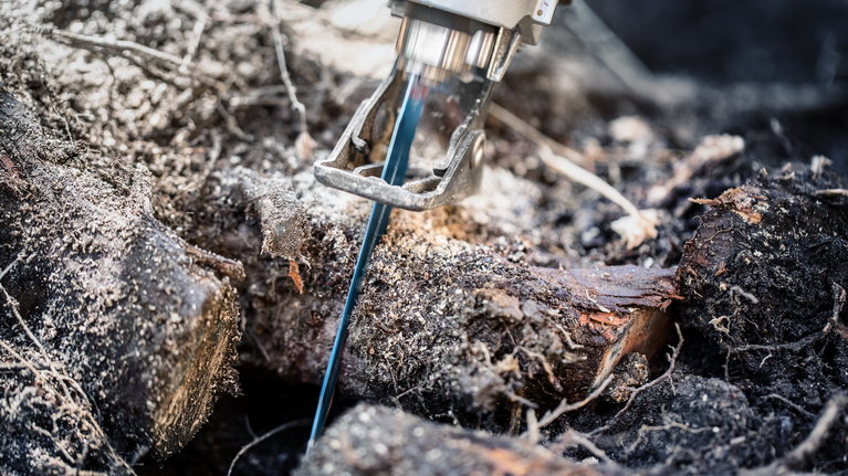 EXPERT ‘Tough Wood’ S 1142 KHM Reciprocating Saw Blade 1-pc A reciprocating saw blade cuts through thick tree branches on the ground.