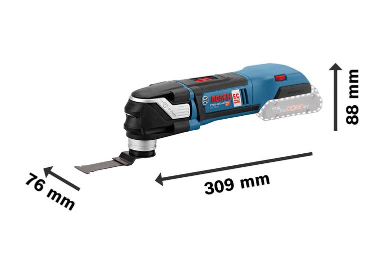 Bosch GOP 18V-28 cordless multi-cutter with blade attachment.