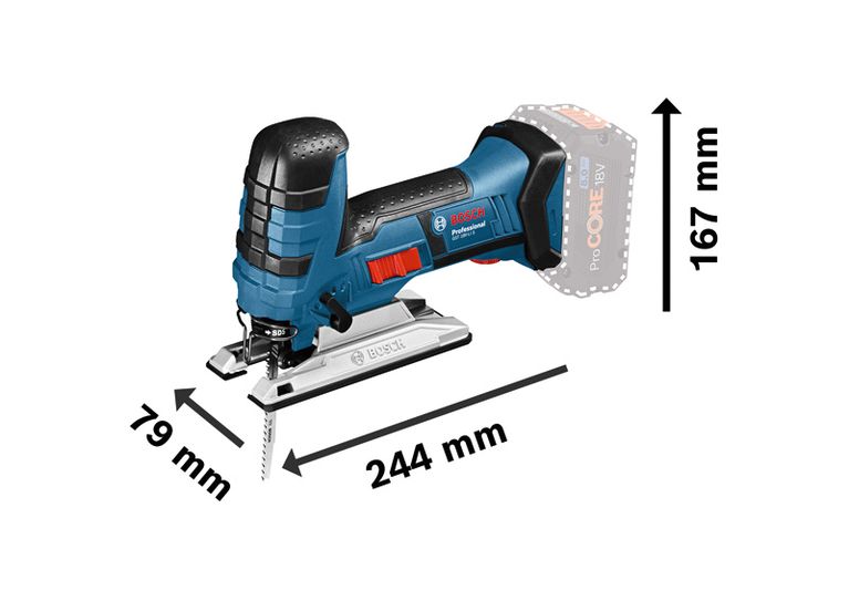 Bosch GST 18.0 V-LI S cordless jigsaw with 120 mm wood cutting depth.