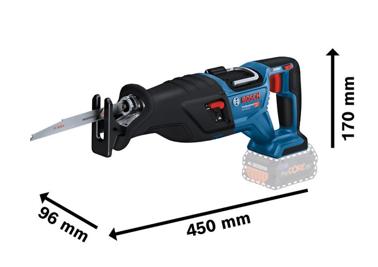 Bosch GSA 18V-28 reciprocating saw, 450 mm length.