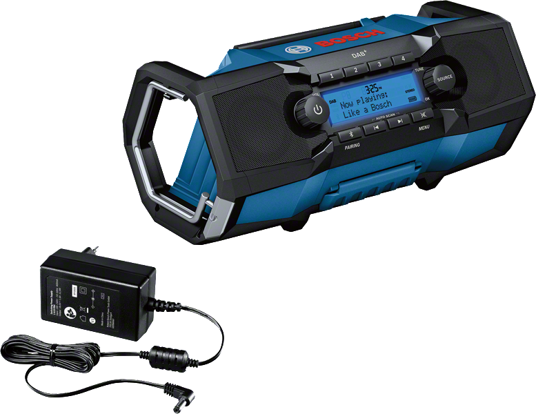 Bosch GPB 18V-2 SC jobsite radio with power adapter.