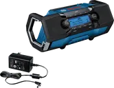 Bosch GPB 18V-2 SC jobsite radio with power adapter.