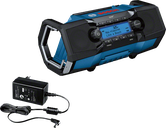 Bosch GPB 18V-2 SC jobsite radio with power adapter.