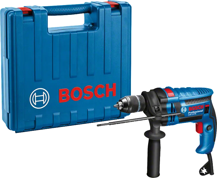 Bosch GSB 13 RE drill with side handle and carrying case.