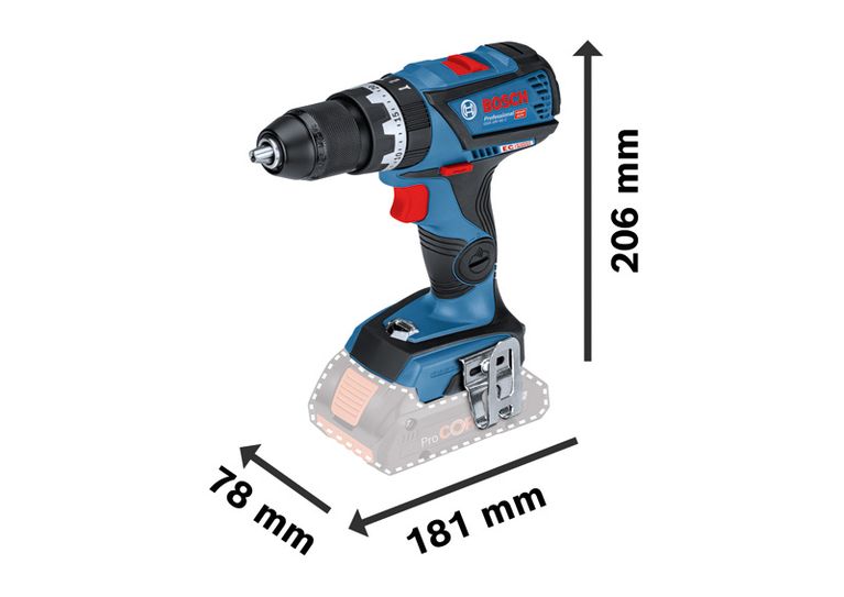 Bosch GSB 18V-60 C cordless combi drill with size dimensions.