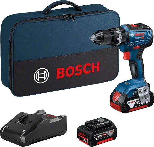 Bosch GSB 18V-55 cordless drill set with battery, charger and case.
