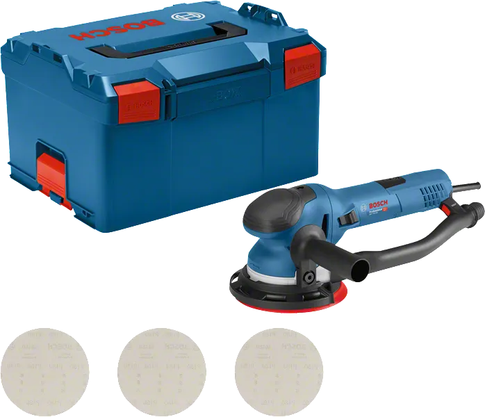 Bosch GET 75-150 random orbit sander with case and sanding discs.