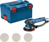 Bosch GET 75-150 random orbit sander with case and sanding discs.