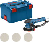 Bosch GET 75-150 random orbit sander with case and sanding discs.