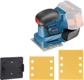Bosch GSS 18V-10 cordless orbital sander with sanding sheets.