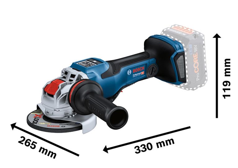 Bosch GWX 18V-15 PSC cordless angle grinder with X-LOCK.