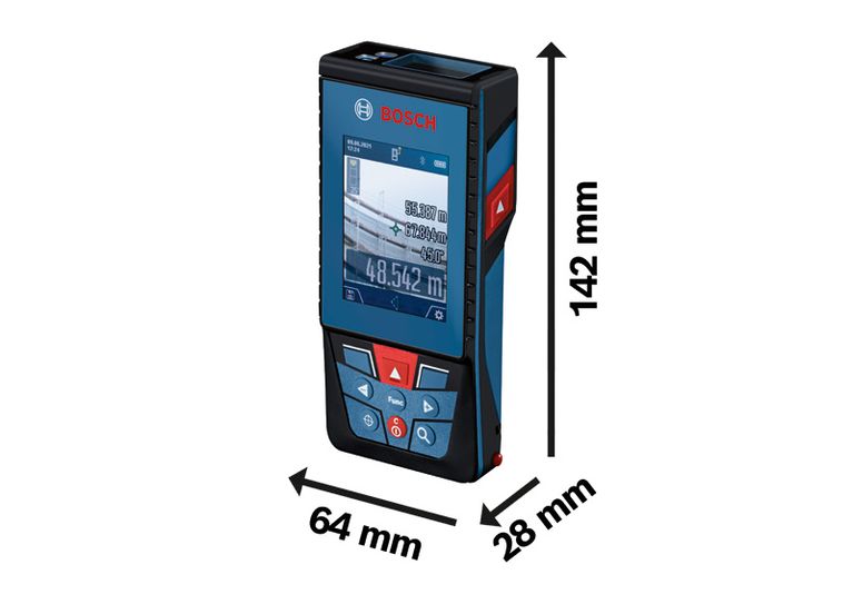 Bosch GLM 100-25 C laser measure with 142 x 64 x 28 mm dimensions.