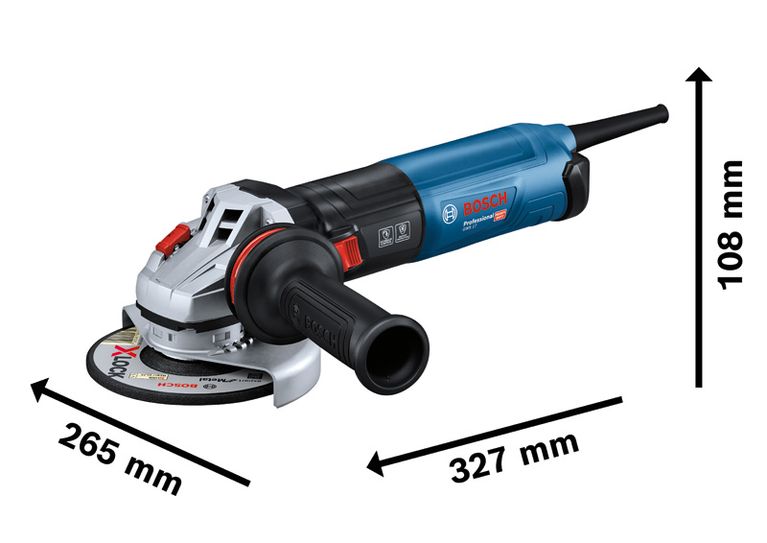 Bosch GWS 17 angle grinder with size dimensions.