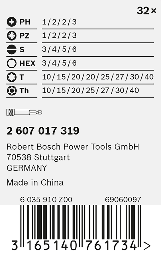 Bosch 32-piece screwdriver bit set.